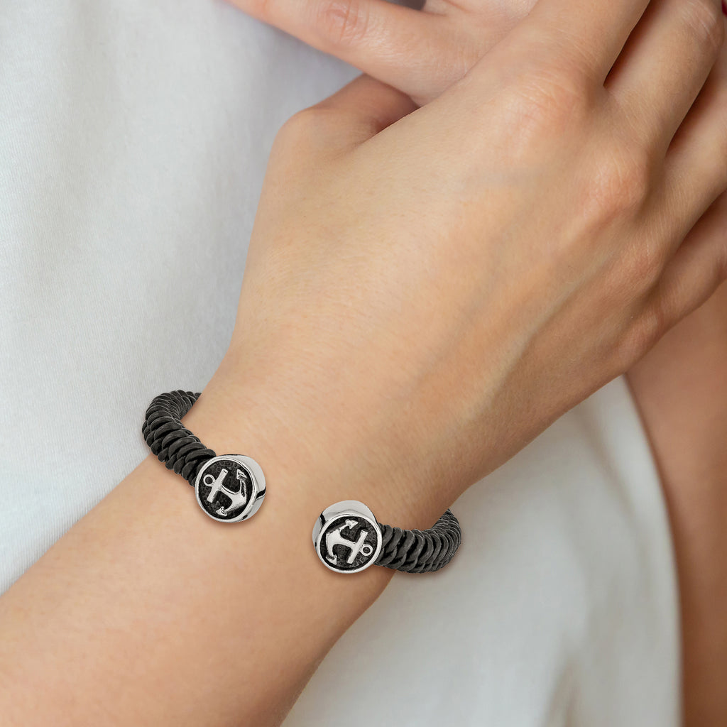 Stainless Steel Antiqued and Polished Black Leather Anchor Cuff Bangle Bracelet for Men