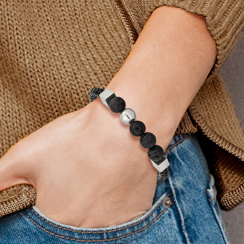 Stainless Steel Polished with Lava Stone Beads Black Leather Bracelet for Men