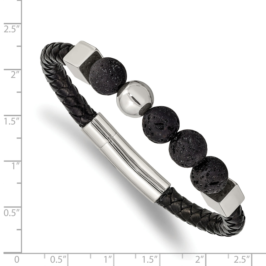 Stainless Steel Polished with Lava Stone Beads Black Leather Bracelet for Men