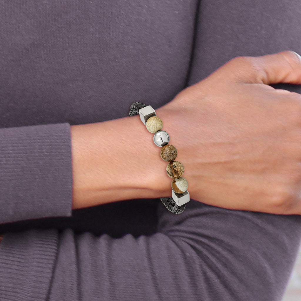 Stainless Steel Polished with Brown Jasper Beads Black Leather Bracelet for Men