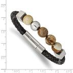 Stainless Steel Polished with Brown Jasper Beads Black Leather Bracelet for Men