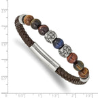 Stainless Steel Antiqued and Polished MultiColor Tiger's Eye Beads Brown Leather Bracelet for Men