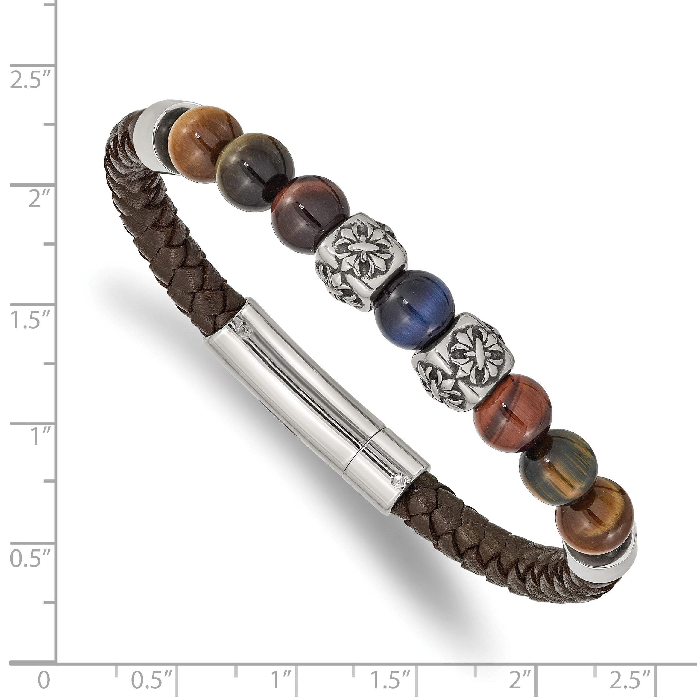Stainless Steel Antiqued and Polished MultiColor Tiger's Eye Beads Brown Leather Bracelet for Men