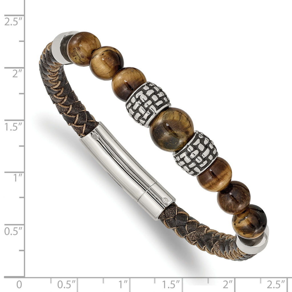Stainless Steel Antiqued and Polished Tiger's Eye Beads Brown Leather Bracelet for Men