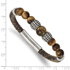 Stainless Steel Antiqued and Polished Tiger's Eye Beads Brown Leather Bracelet for Men