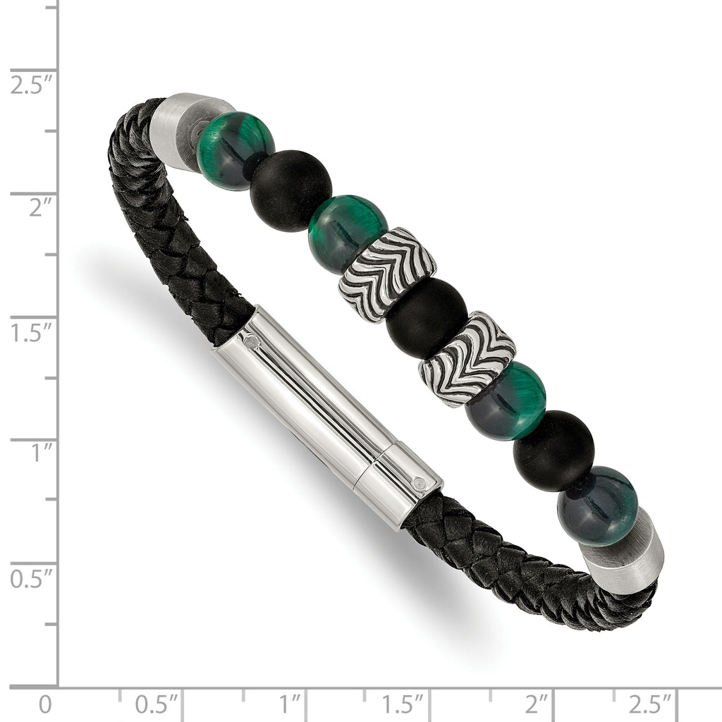 Stainless Steel Antiqued and Polished Black Agate and Green Tiger's Eye Beads Black Leather Bracelet for Men