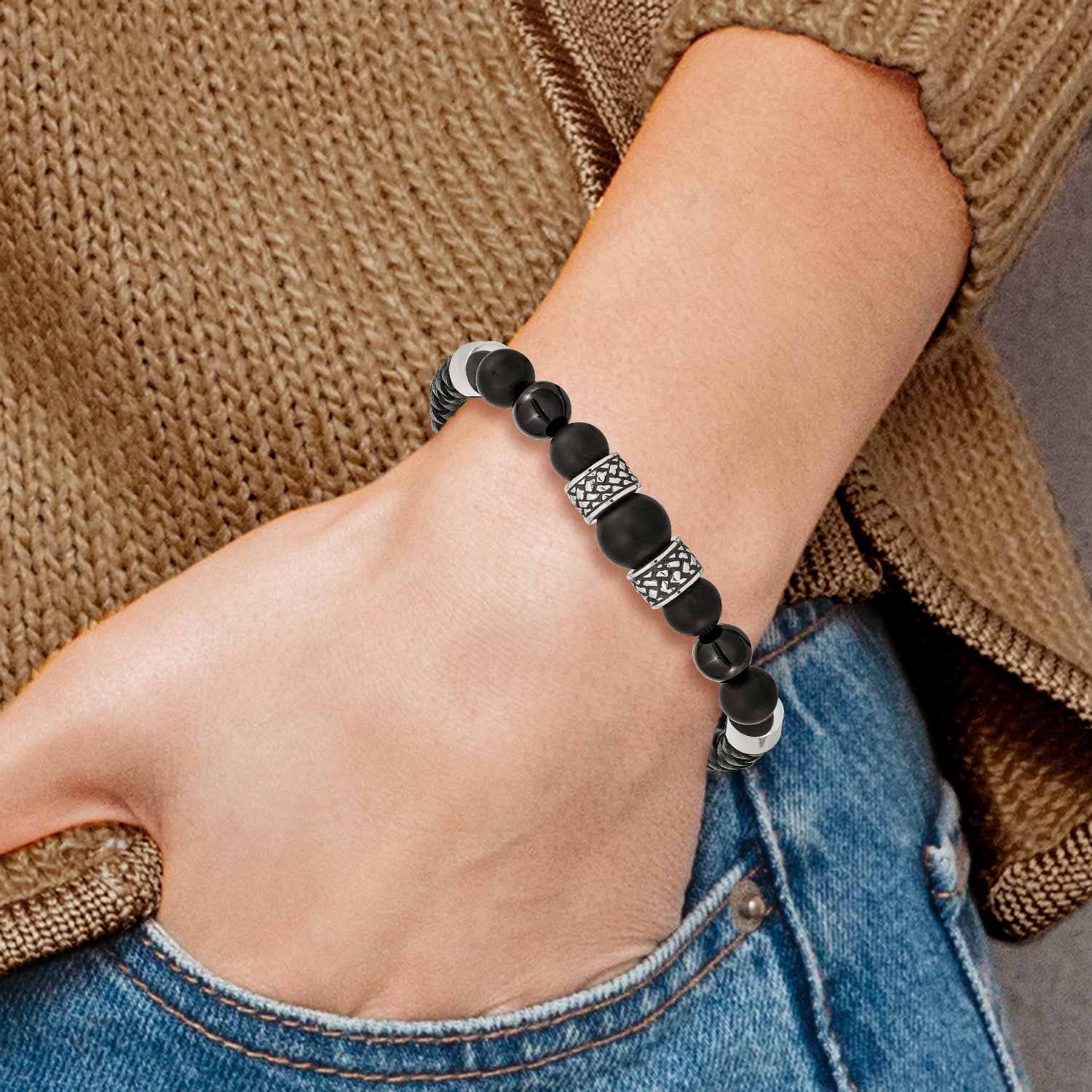 Stainless Steel Antiqued and Polished Black Agate Beads Black Leather Bracelet for Men