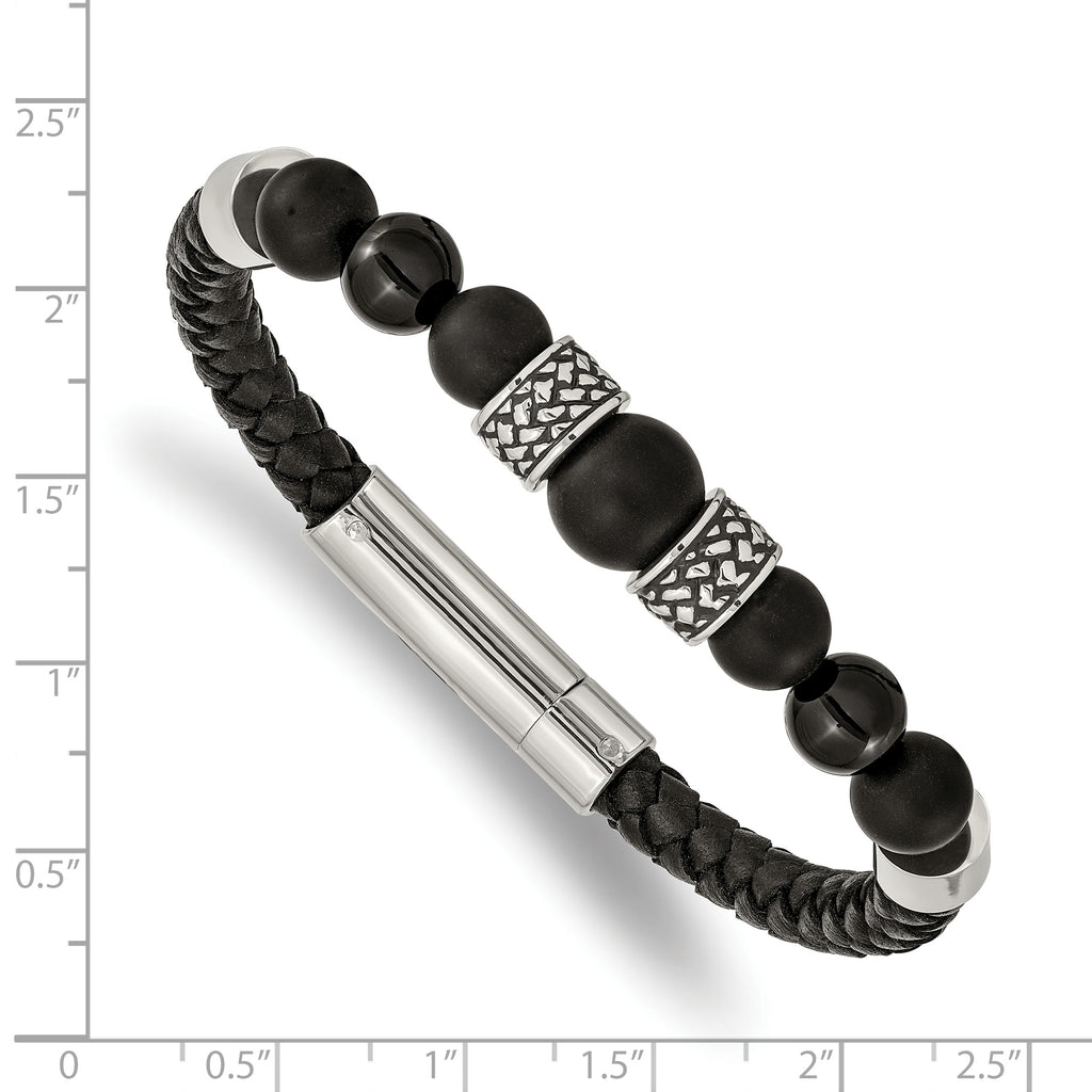Stainless Steel Antiqued and Polished Black Agate Beads Black Leather Bracelet for Men