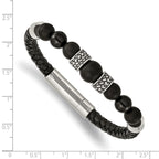 Stainless Steel Antiqued and Polished Black Agate Beads Black Leather Bracelet for Men