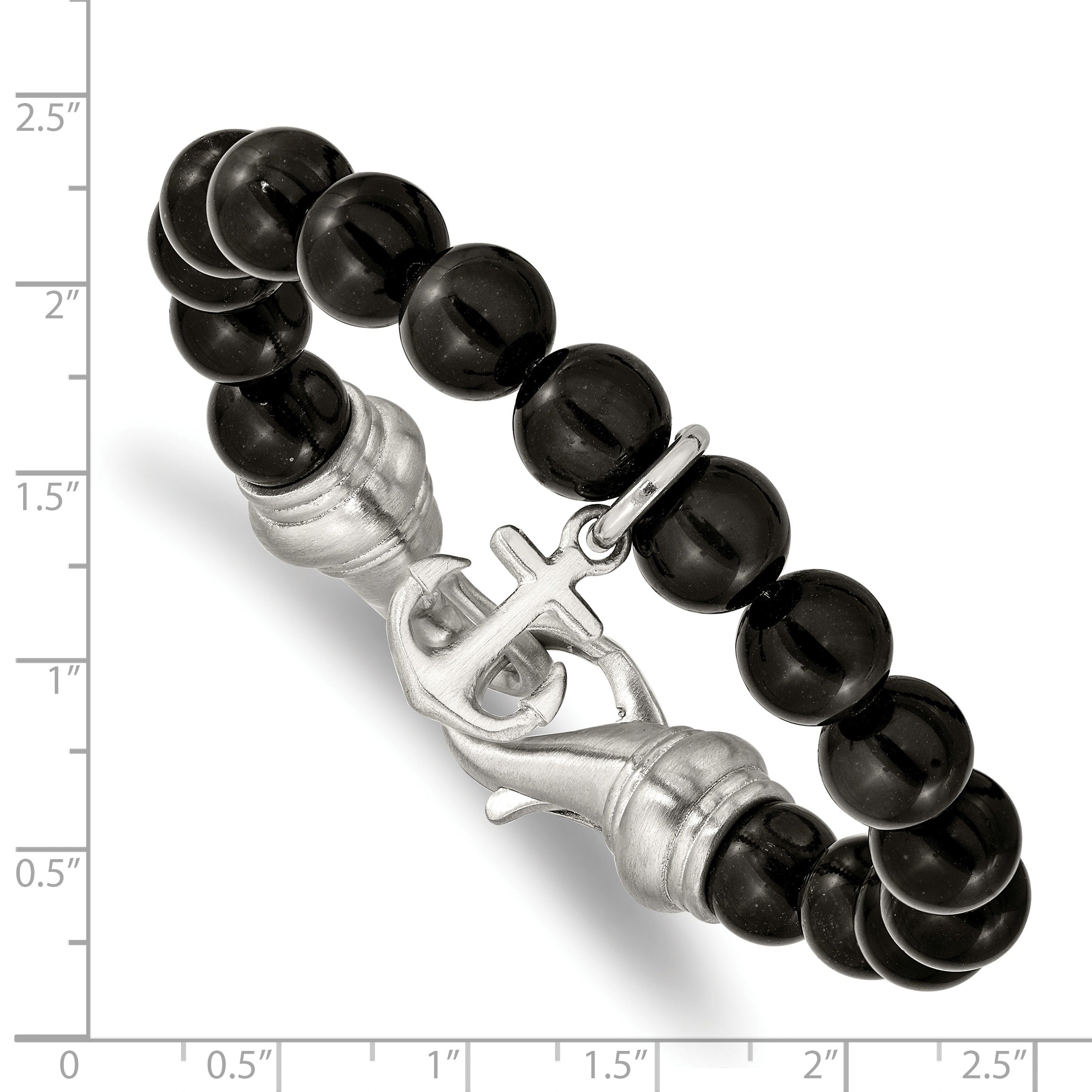 Stainless Steel Brushed Anchor Black Agate Beaded Bracelet for Men