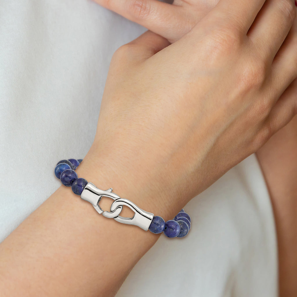 Stainless Steel Polished Genuine Lapis Beaded Bracelet for Men