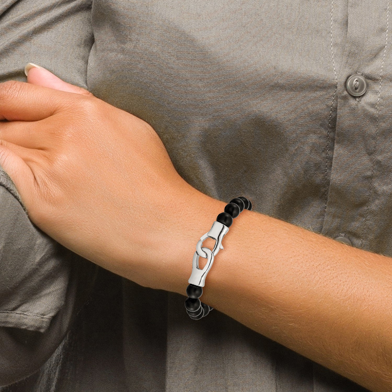 Stainless Steel Polished Black Agate Beaded Bracelet for Men