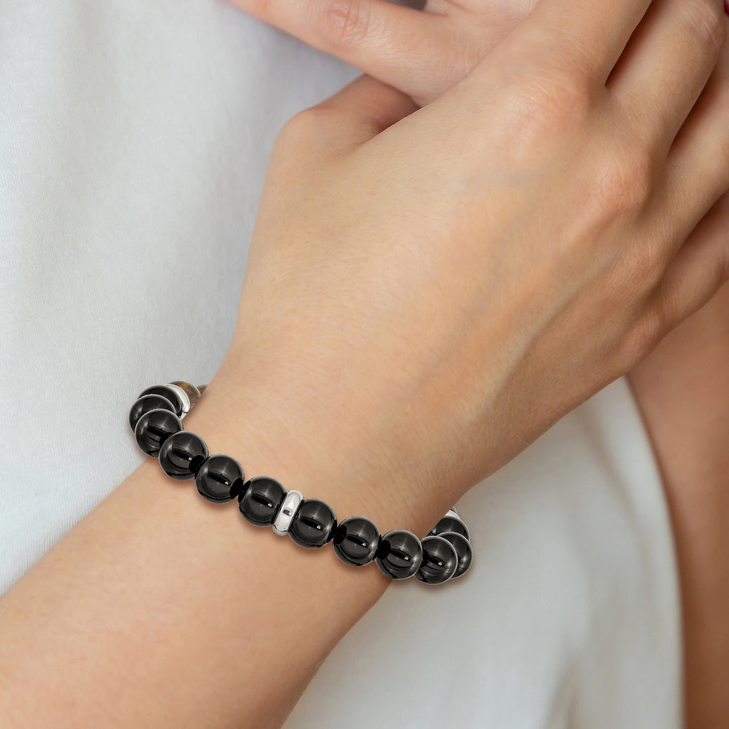 Stainless Steel Polished 10.5mm Black Agate and Tiger's Eye Beaded Stretch Bracelet for Men
