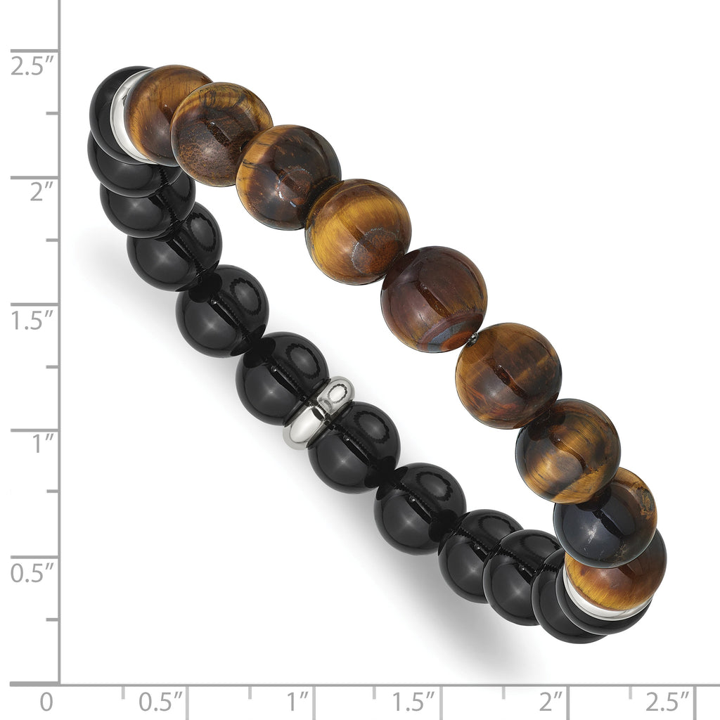 Stainless Steel Polished 10.5mm Black Agate and Tiger's Eye Beaded Stretch Bracelet for Men