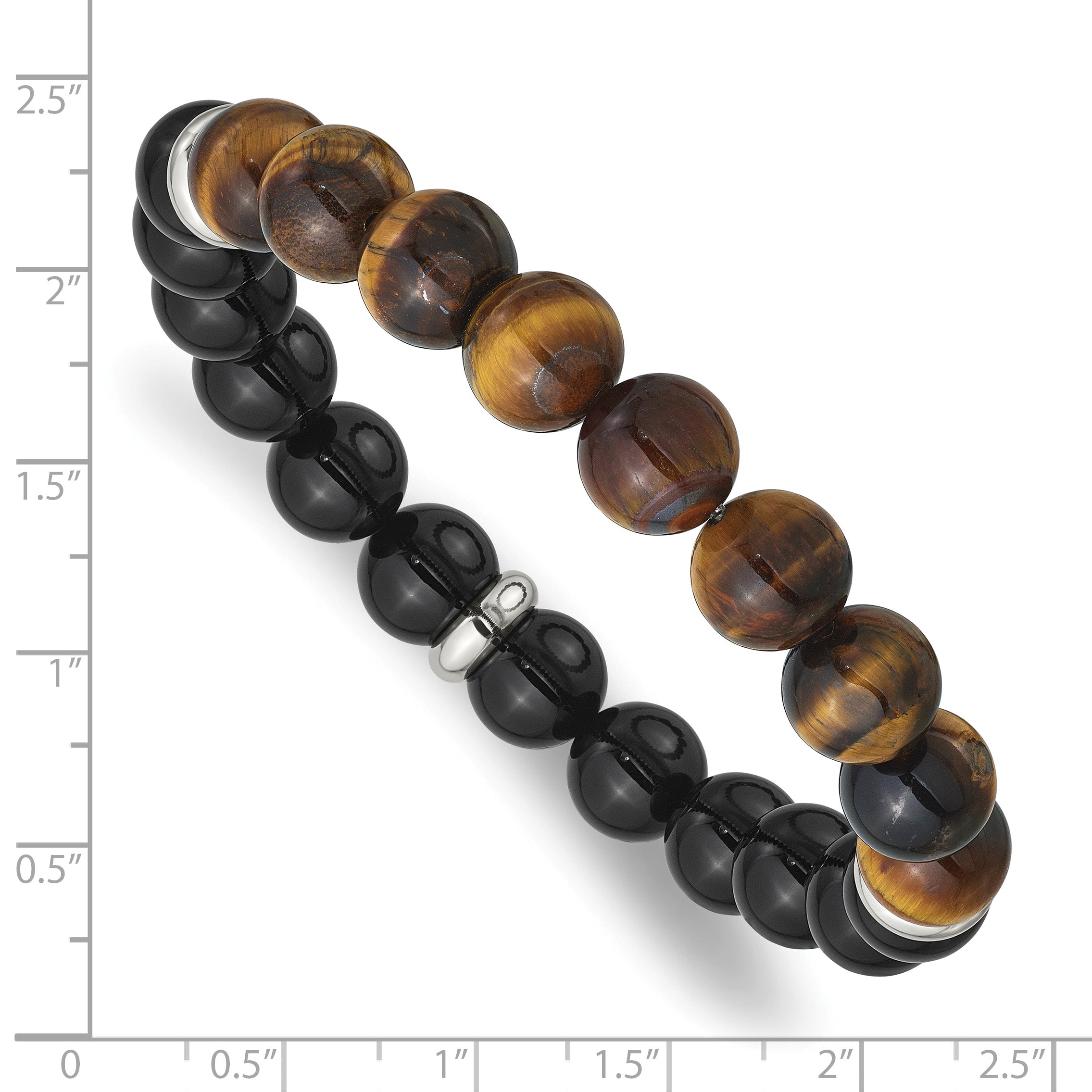 Stainless Steel Polished 10.5mm Black Agate and Tiger's Eye Beaded Stretch Bracelet for Men