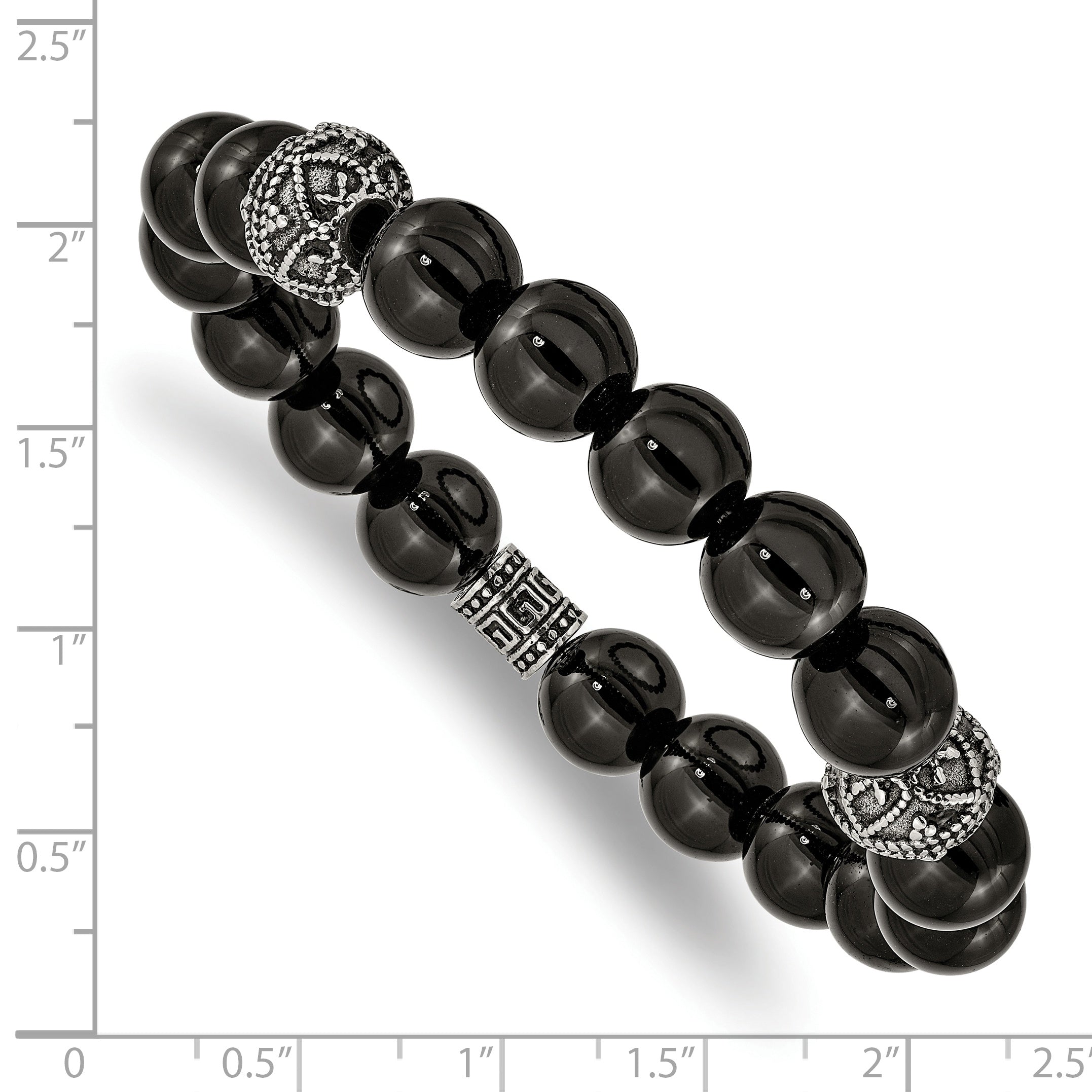Stainless Steel Antiqued and Polished 10mm Black Agate Beaded Stretch Bracelet for Men