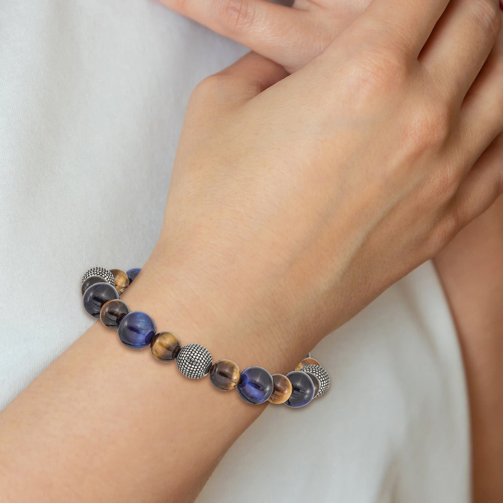 Stainless Steel Antiqued and Polished 8-10mm Brown and Blue Tiger's Eye Beaded Stretch Bracelet for Men
