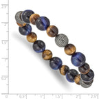 Stainless Steel Antiqued and Polished 8-10mm Brown and Blue Tiger's Eye Beaded Stretch Bracelet for Men