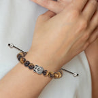 Stainless Steel Antiqued and Polished Tiger's Eye Buddha Black Macrame Adjustable Bracelet for Men