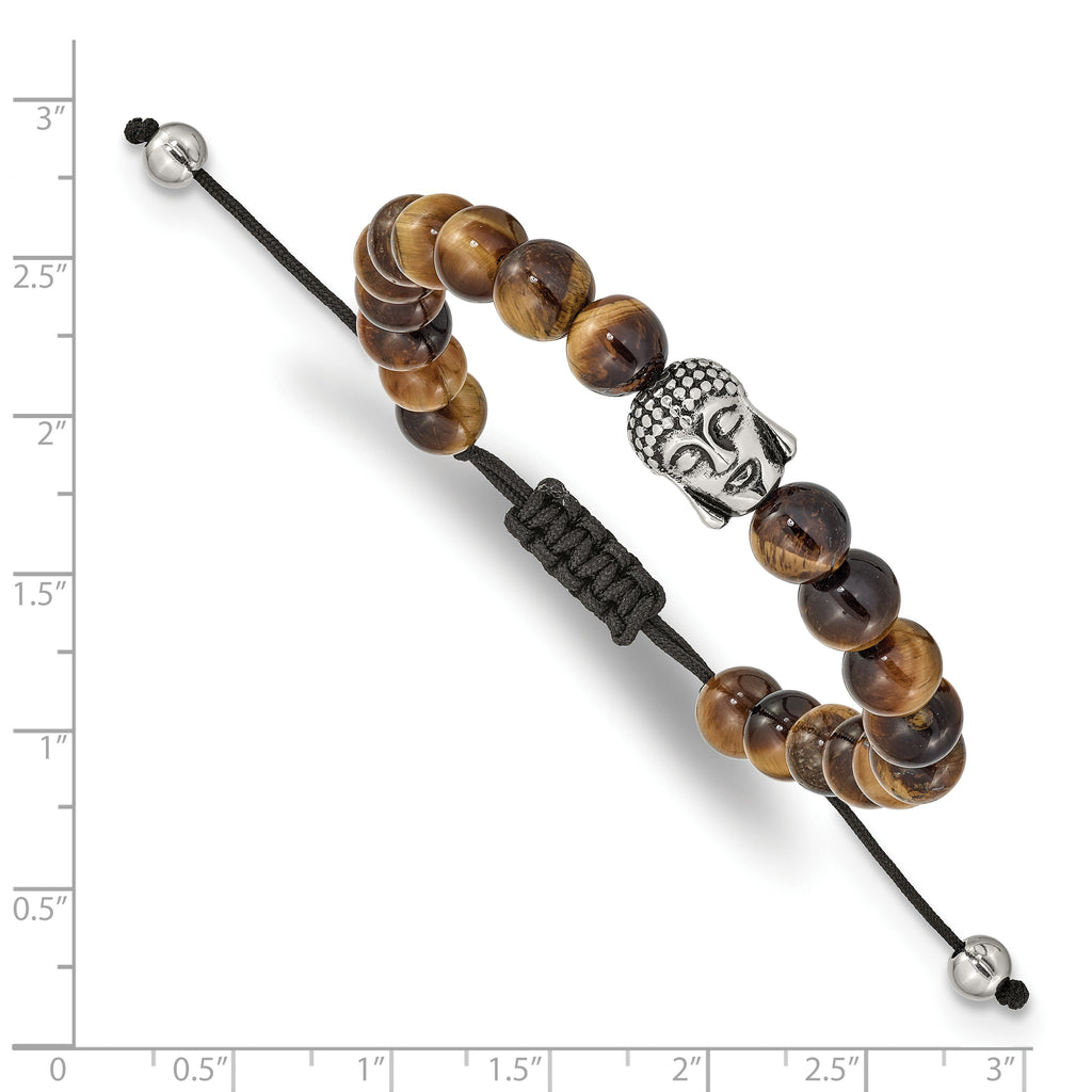 Stainless Steel Antiqued and Polished Tiger's Eye Buddha Black Macrame Adjustable Bracelet for Men