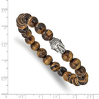 Stainless Steel Antiqued and Polished Buddha 8mm Tiger's Eye Beaded Stretch Bracelet for Men