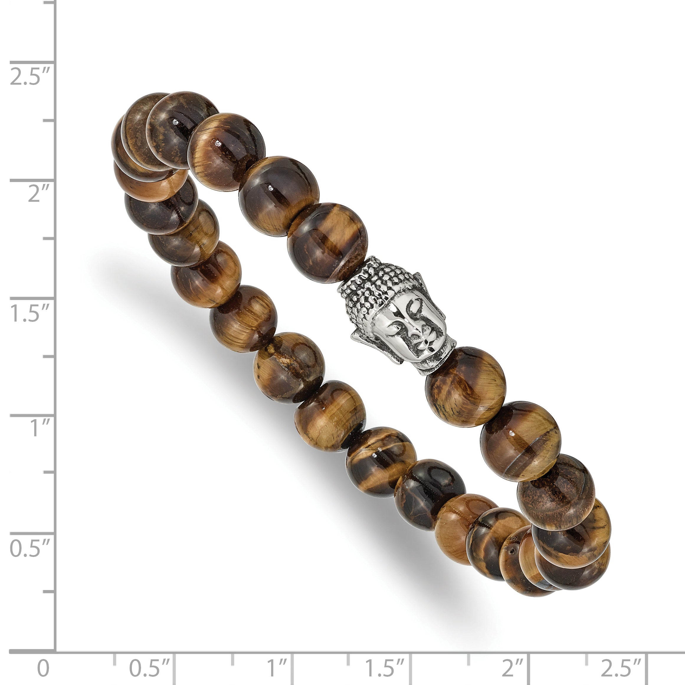 Stainless Steel Antiqued and Polished Buddha 8mm Tiger's Eye Beaded Stretch Bracelet for Men