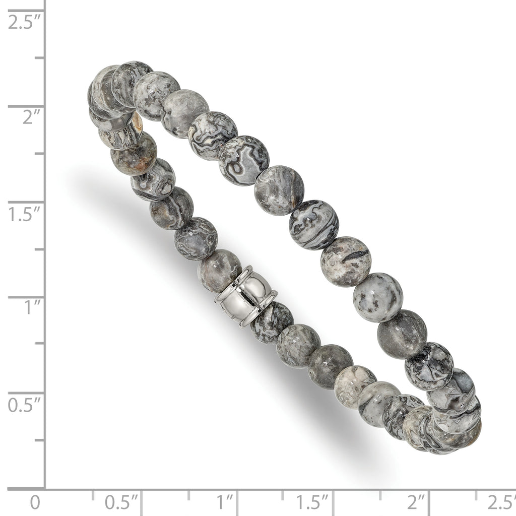 Stainless Steel Polished 6mm Grey Jasper Beaded Stretch Bracelet for Men