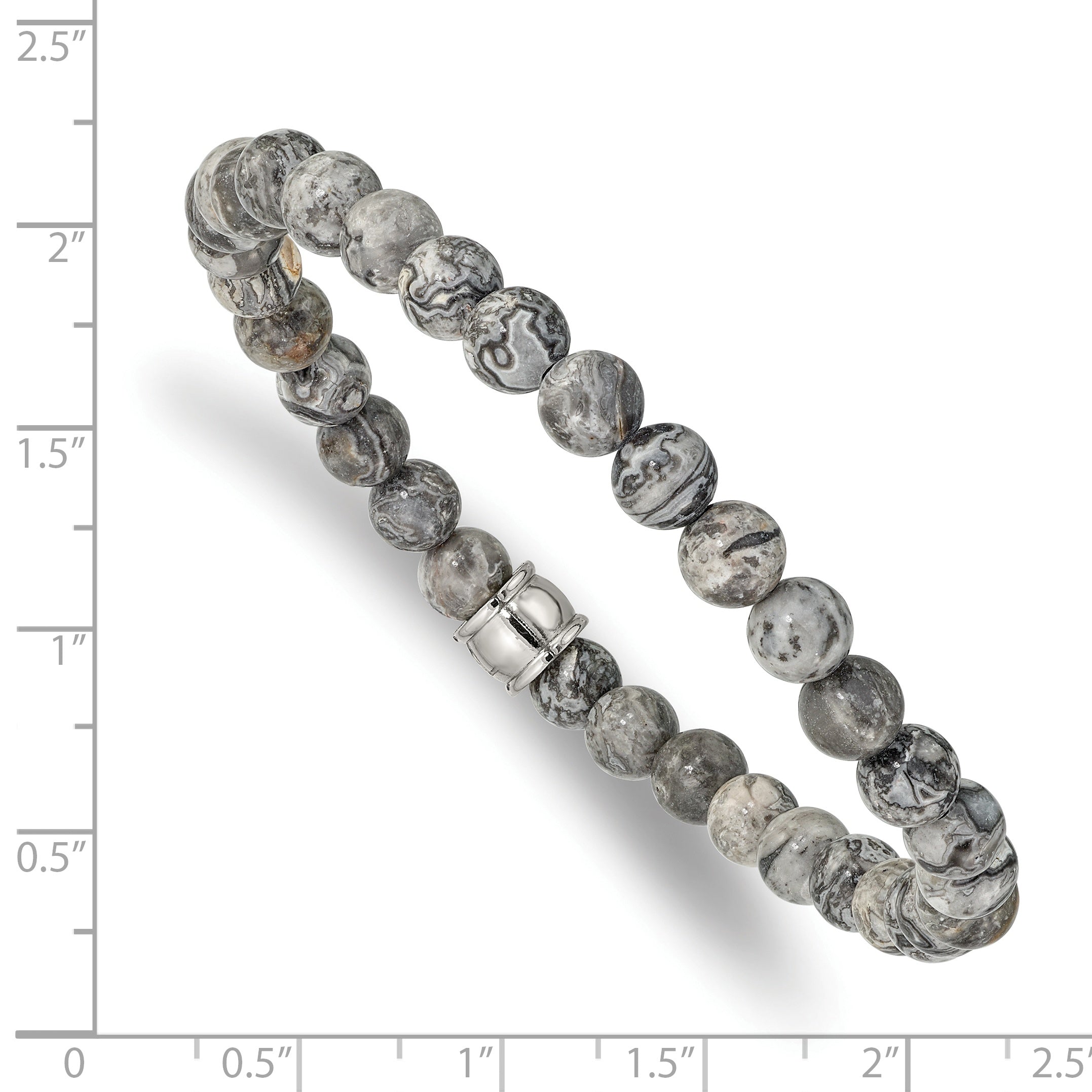 Stainless Steel Polished 6mm Grey Jasper Beaded Stretch Bracelet for Men