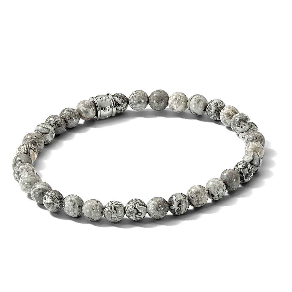 Stainless Steel Polished 6mm Grey Jasper Beaded Stretch Bracelet for Men