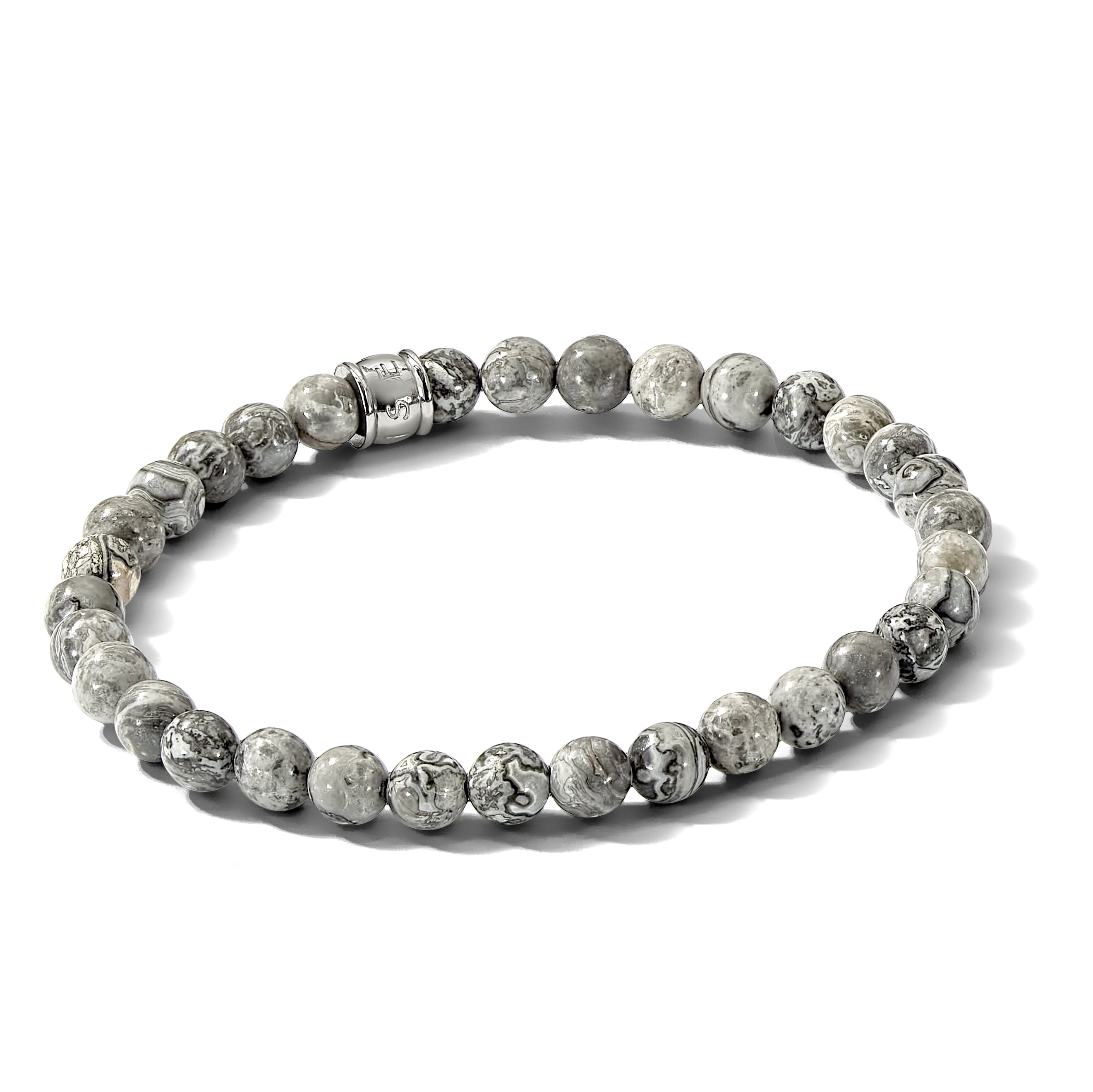 Stainless Steel Polished 6mm Grey Jasper Beaded Stretch Bracelet for Men