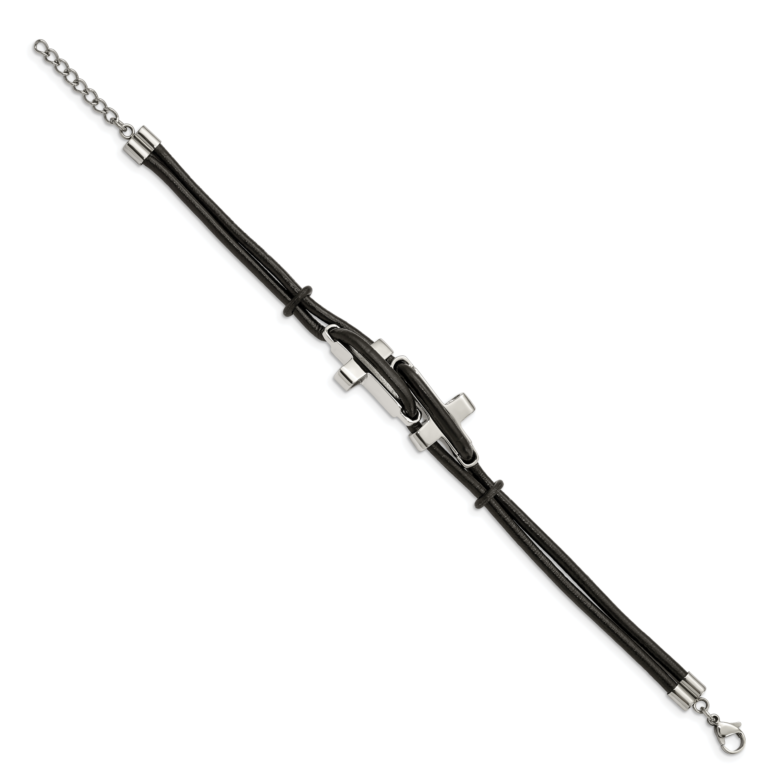 Stainless Steel Polished Sideways Crosses 2 Strand Black Leather Bracelet Secondary image