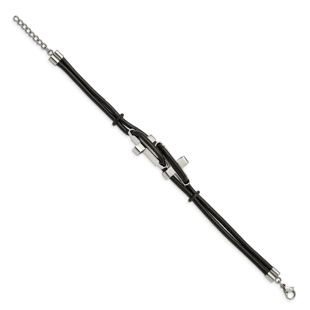 Stainless Steel Polished Sideways Crosses 2 Strand Black Leather Bracelet