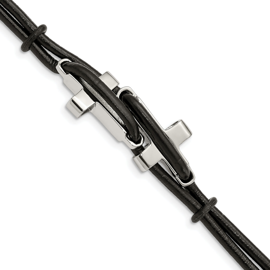 Stainless Steel Polished Sideways Crosses 2 Strand Black Leather Bracelet