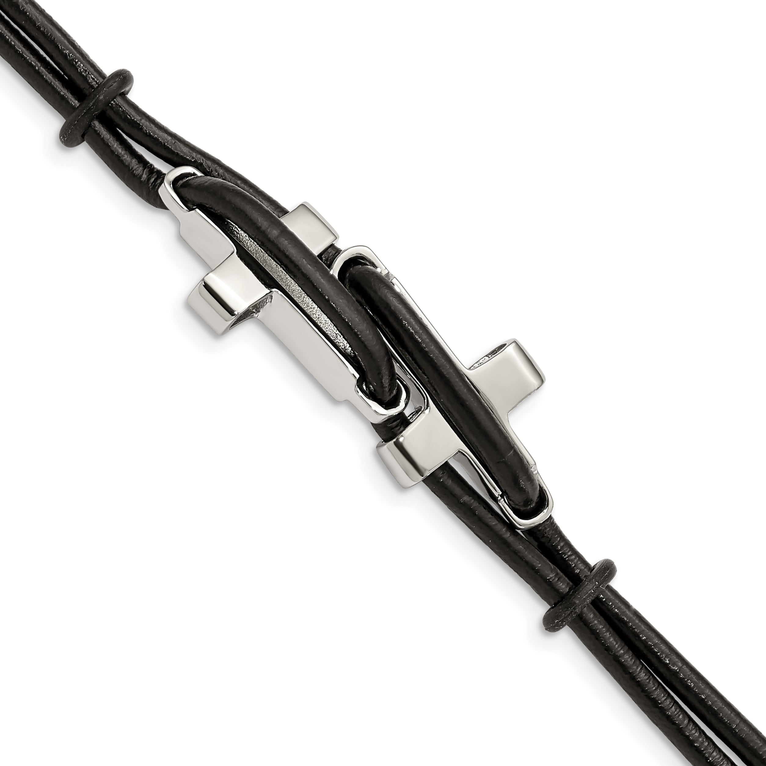 Stainless Steel Polished Sideways Crosses 2 Strand Black Leather Bracelet