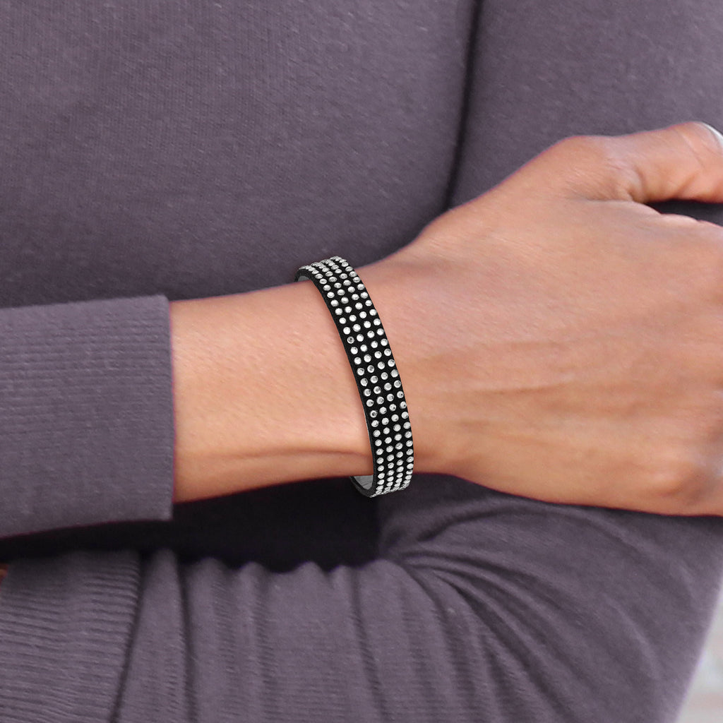 Stainless Steel Polished Black Leather with Crystals with ext Bracelet for Women