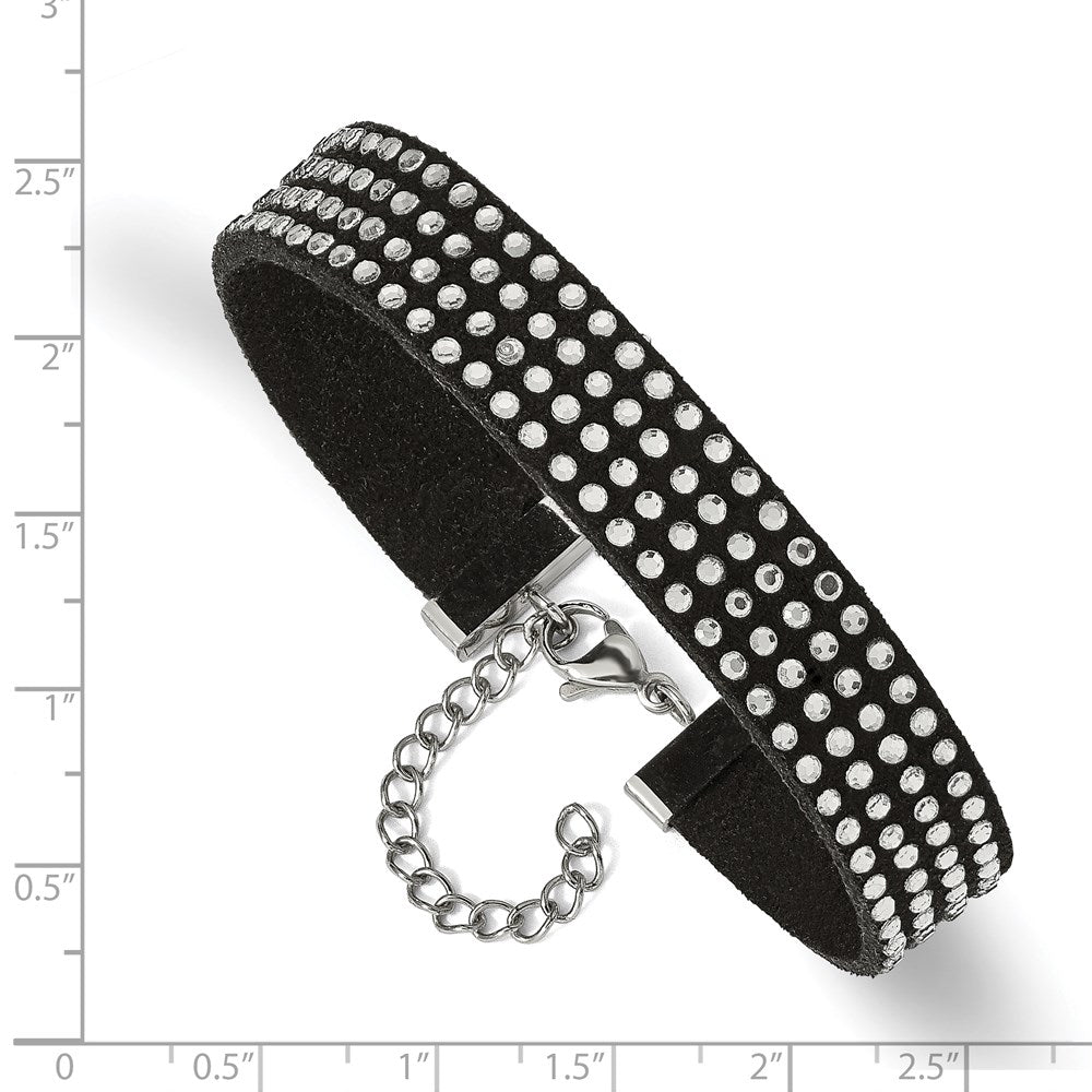 Black Leather & Crystal Bracelet in Stainless Steel, 11.7mm, 7.2in - Sophia Jewelers