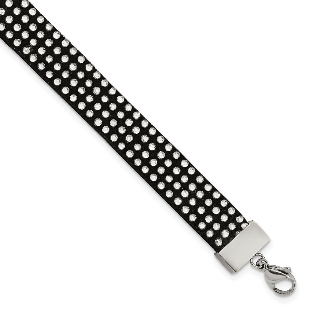 Stainless Steel Polished Black Leather with Crystals with ext Bracelet for Women