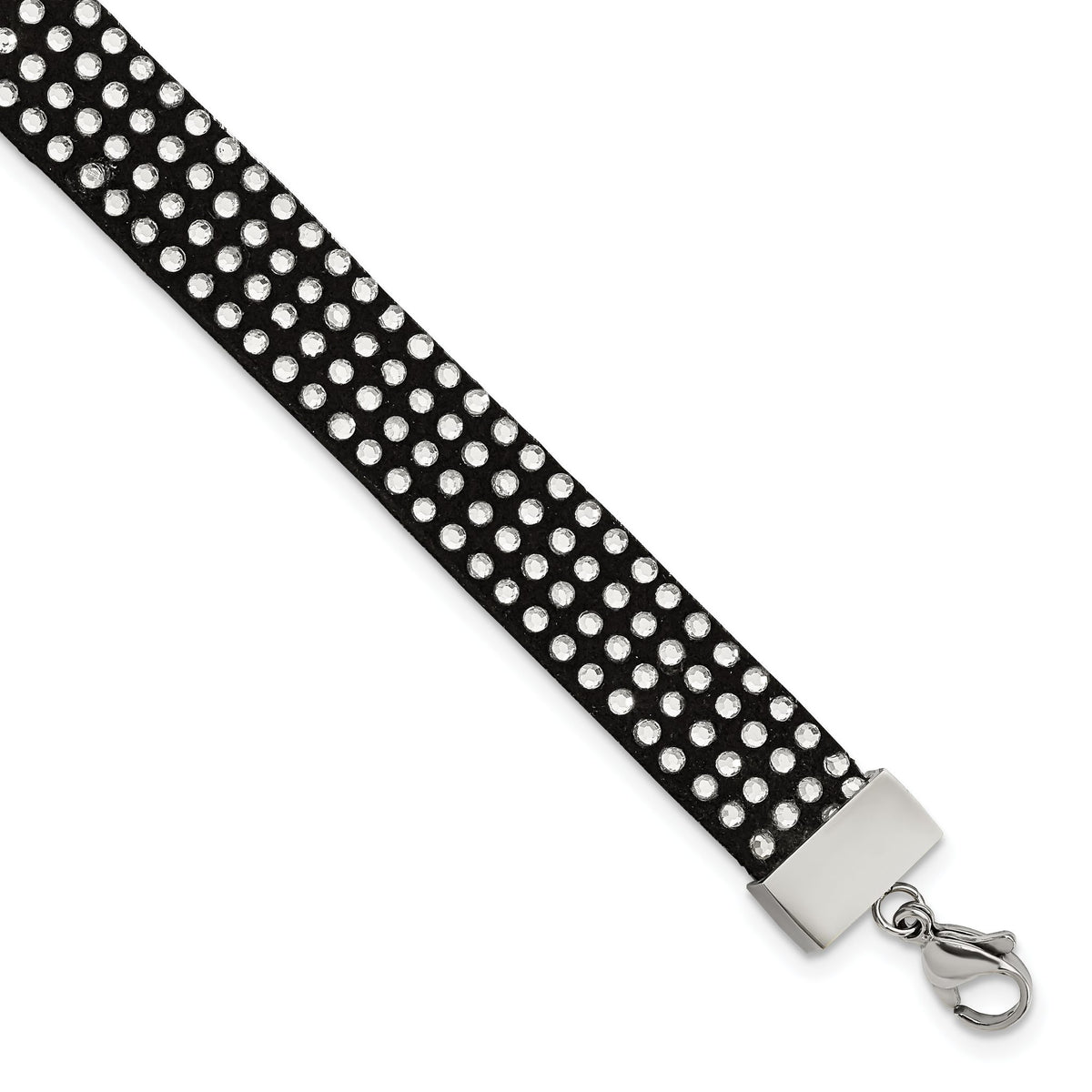 Black Leather & Crystal Bracelet in Stainless Steel, 11.7mm, 7.2in - Sophia Jewelers