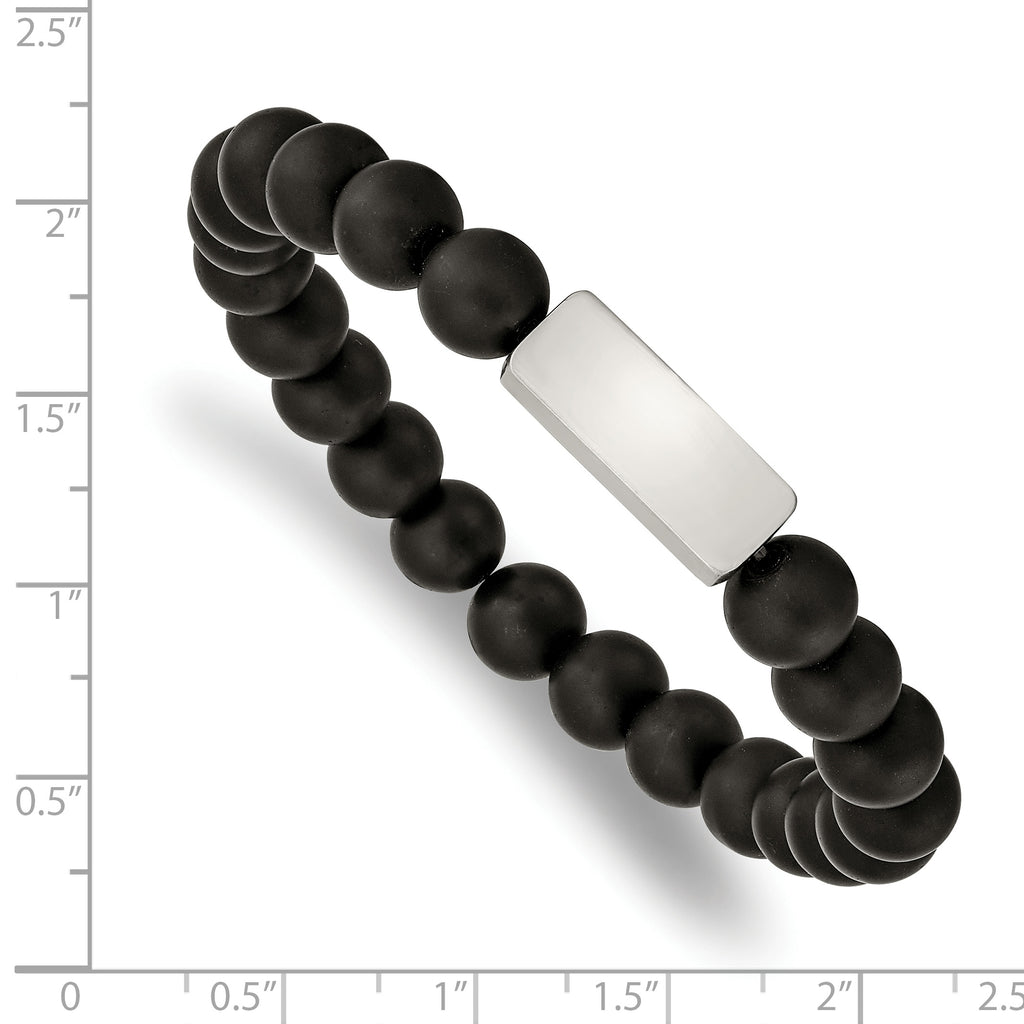 Stainless Steel Brushed ID Plate 8mm Black Agate Beaded Stretch Bracelet