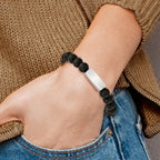 Stainless Steel Polished ID Plate 8mm Black Agate Beaded Stretch Bracelet