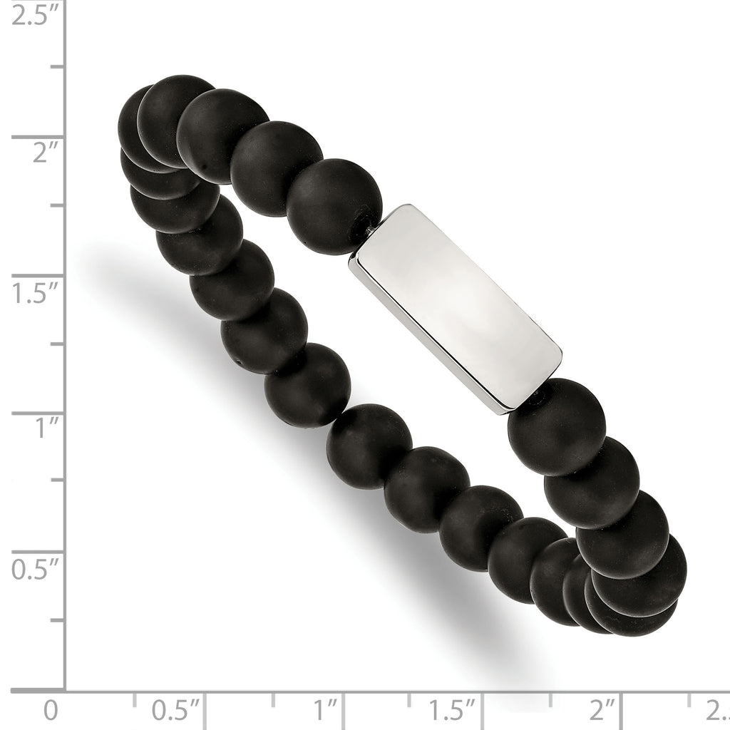 Stainless Steel Polished ID Plate 8mm Black Agate Beaded Stretch Bracelet