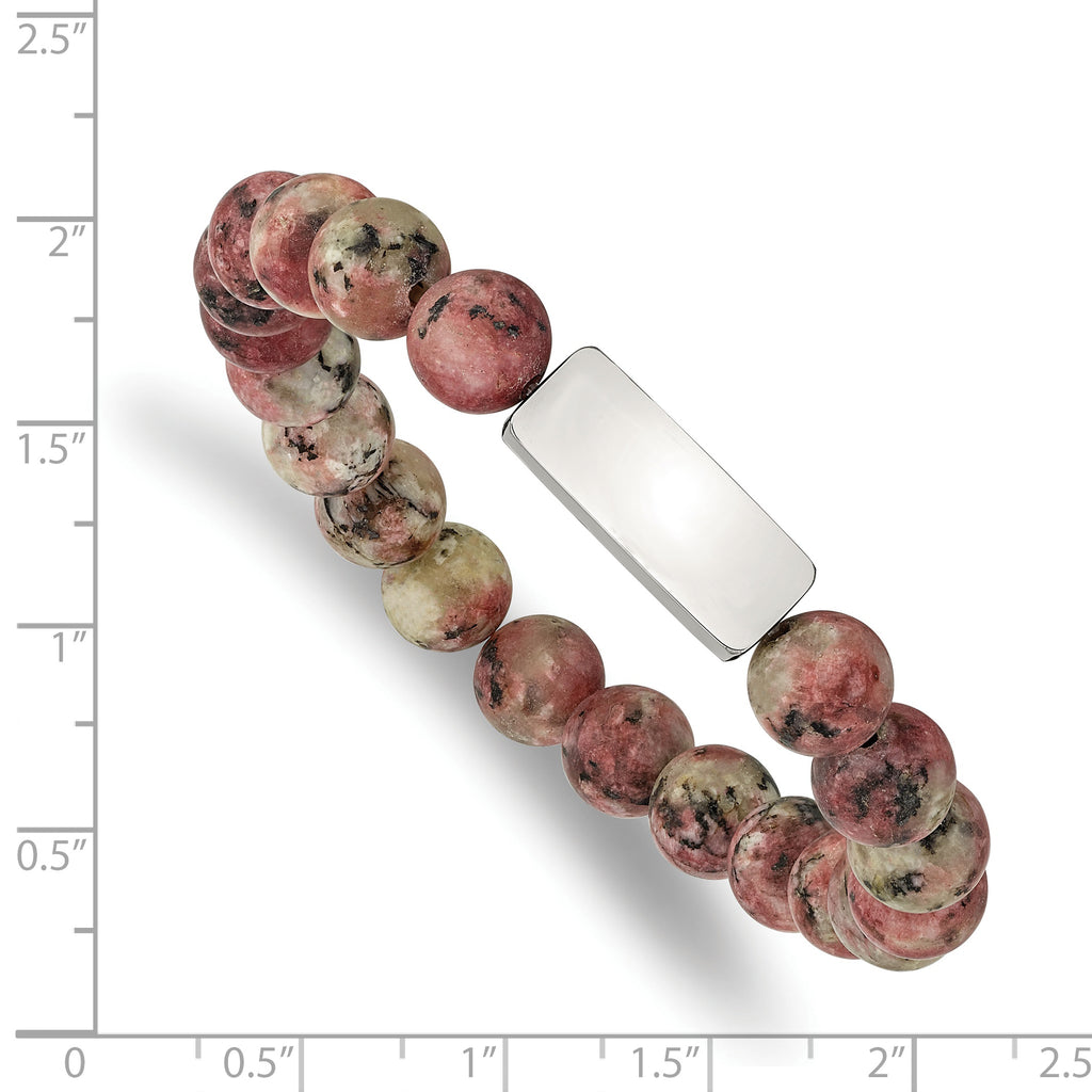 Stainless Steel Polished ID Plate 8.5mm Rhodochrosite Beaded Stretch Bracelet