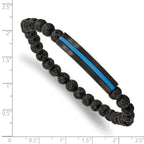 Stainless Steel Brushed and Polished Black and Blue IP-plated with 6mm Lava Stone Beaded Stretch Bracelet for Men