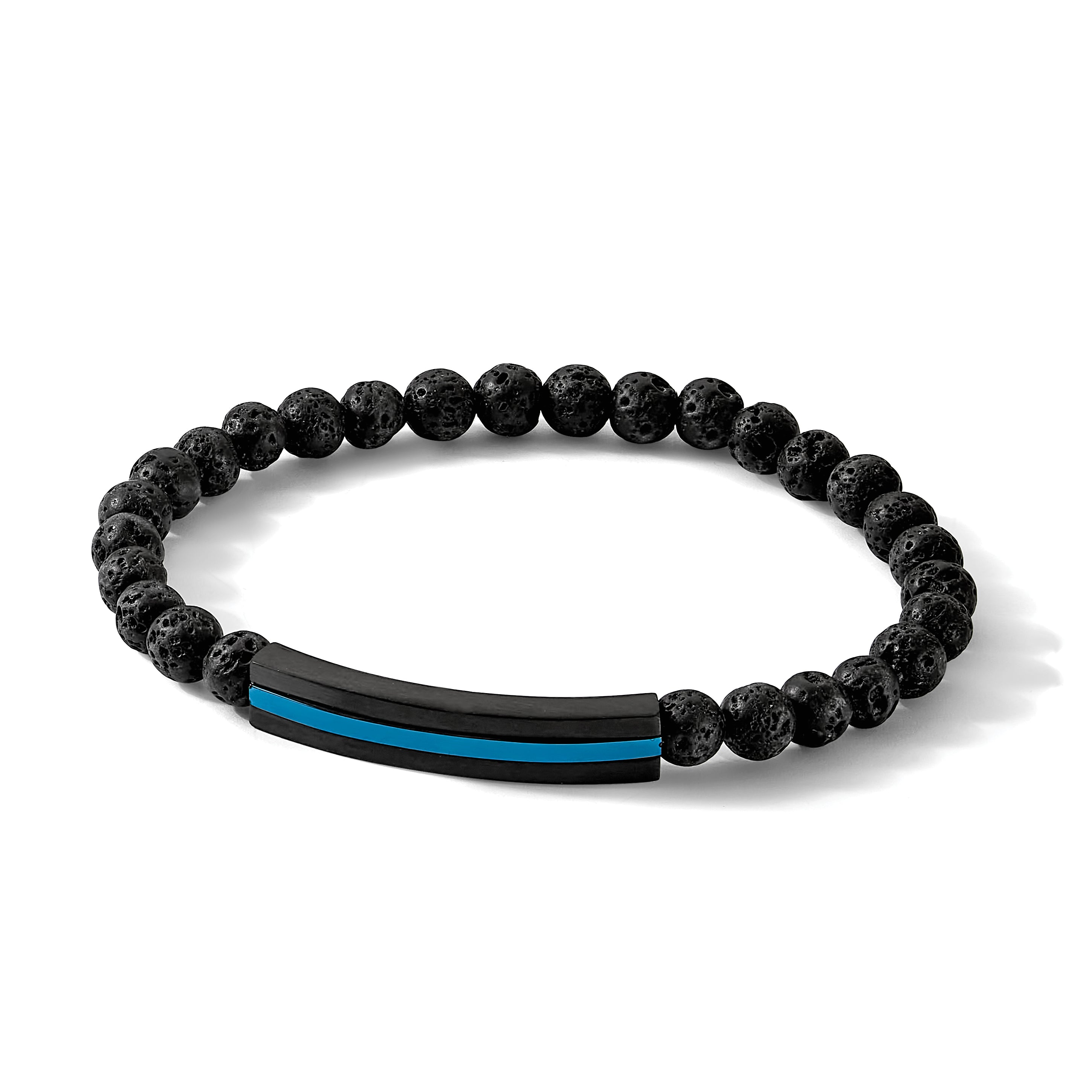 Stainless Steel Brushed and Polished Black and Blue IP-plated with 6mm Lava Stone Beaded Stretch Bracelet for Men