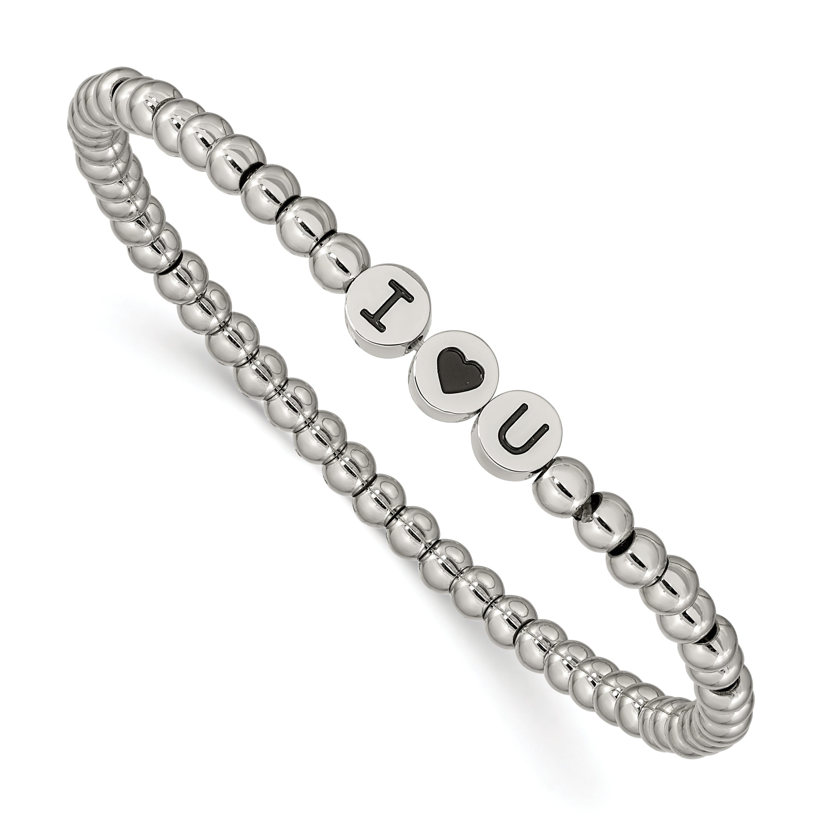 Stainless Steel Antiqued and Polished I Heart U 4mm Beaded Stretch Bracelet for Women Main image