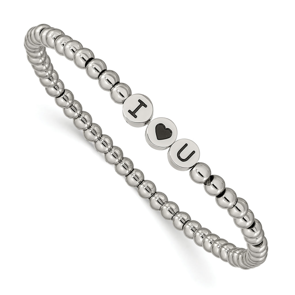 Stainless Steel Antiqued and Polished I Heart U 4mm Beaded Stretch Bracelet for Women