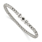 Stainless Steel Antiqued and Polished I Heart U 4mm Beaded Stretch Bracelet for Women