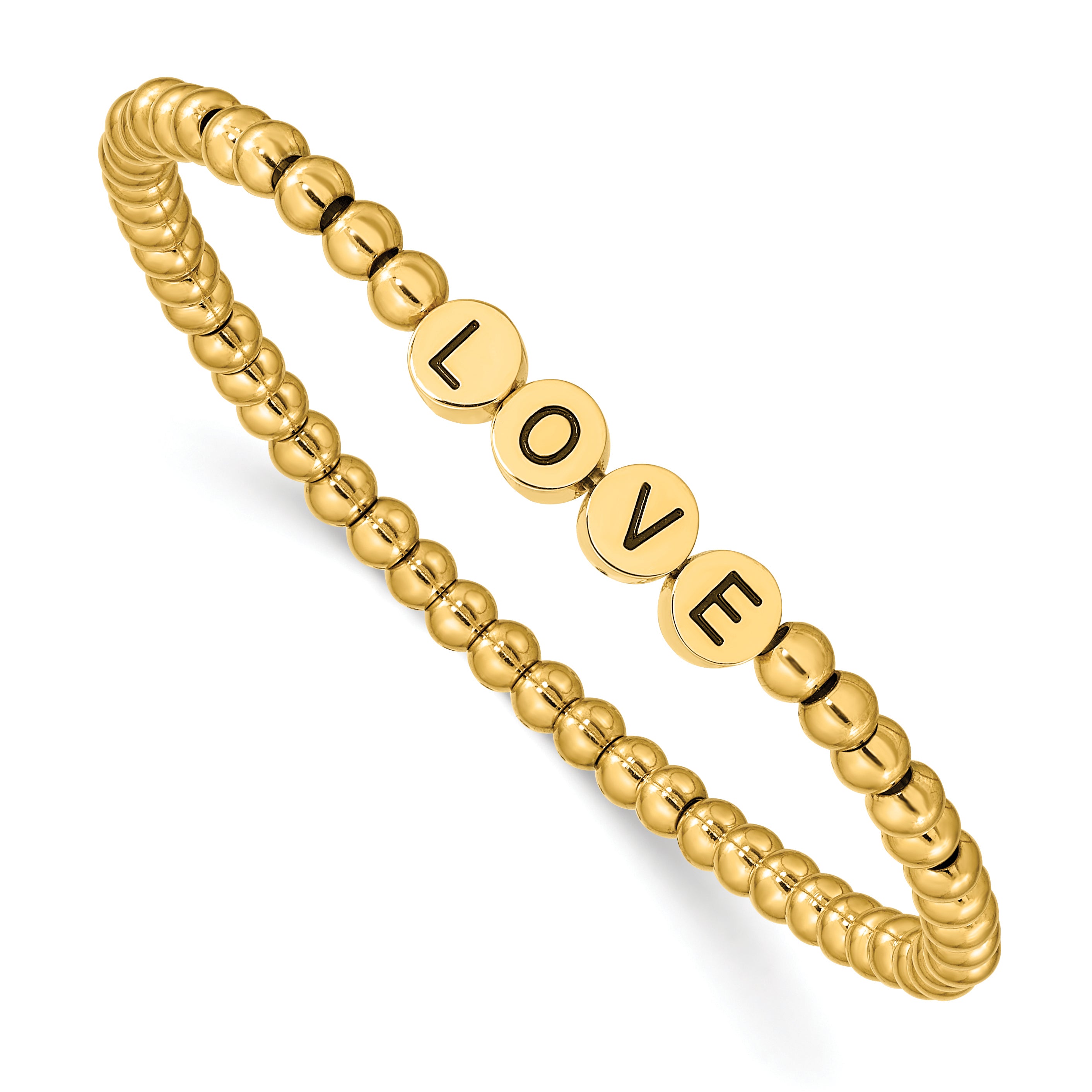 Stainless Steel Antiqued and Polished Yellow IP-plated Love 4mm Beaded Stretch Bracelet for Women Main image