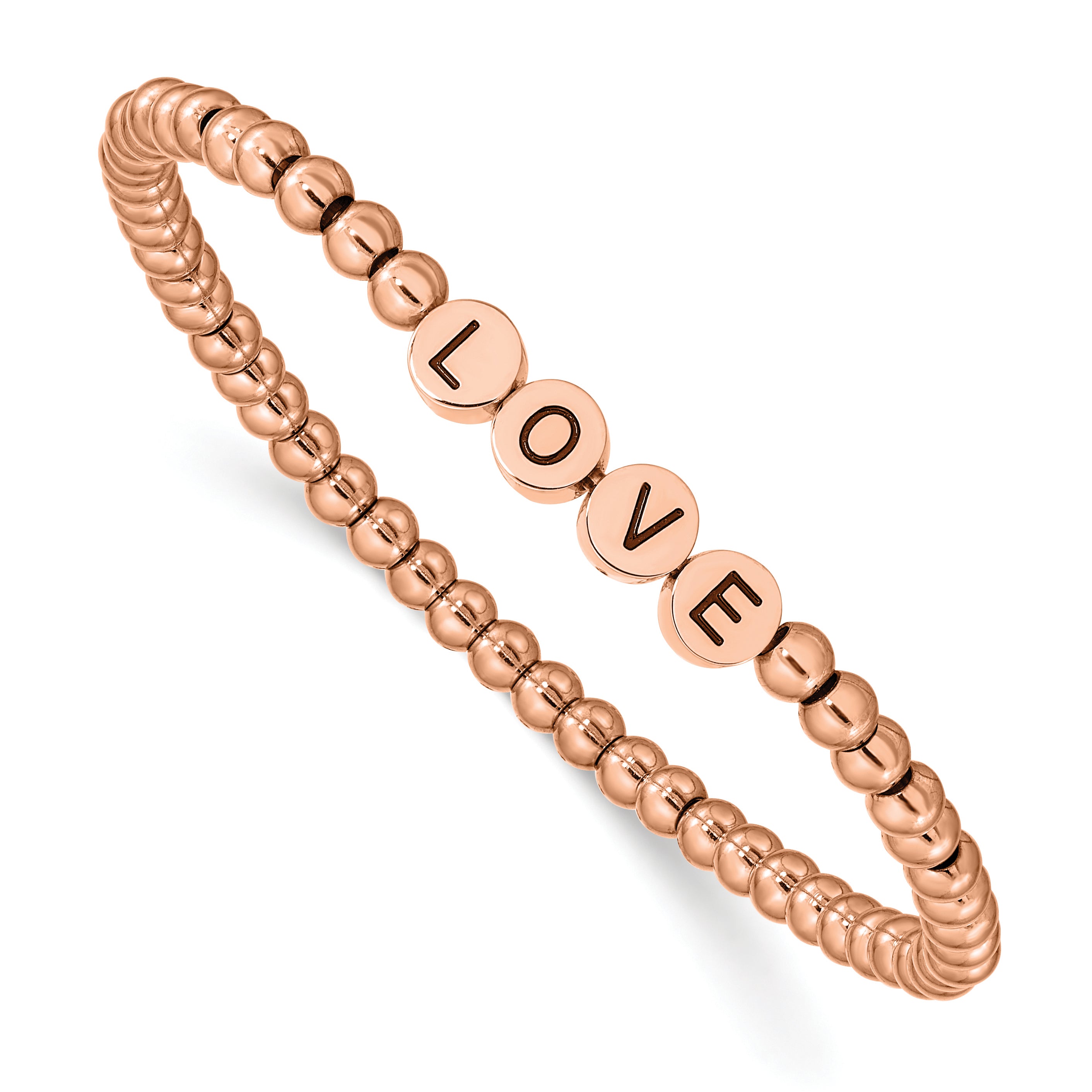 Stainless Steel Antiqued and Polished Rose IP-plated Love 4mm Stretch Bracelet for Women