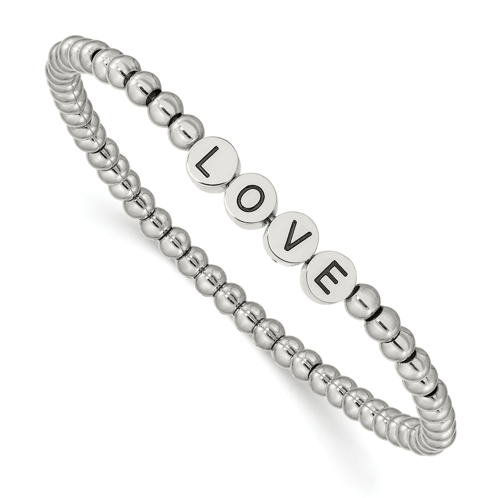 Stainless Steel Antiqued and Polished Love 4mm Beaded Stretch Bracelet for Women